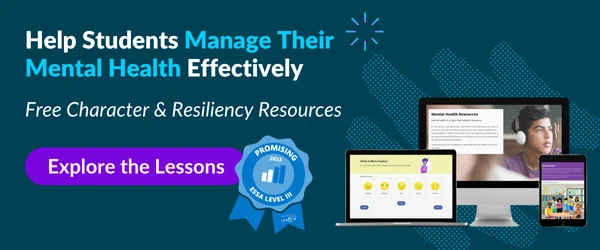 Laptops showing Everfi’s free K-12 mental health lessons and award-winning education program badge.